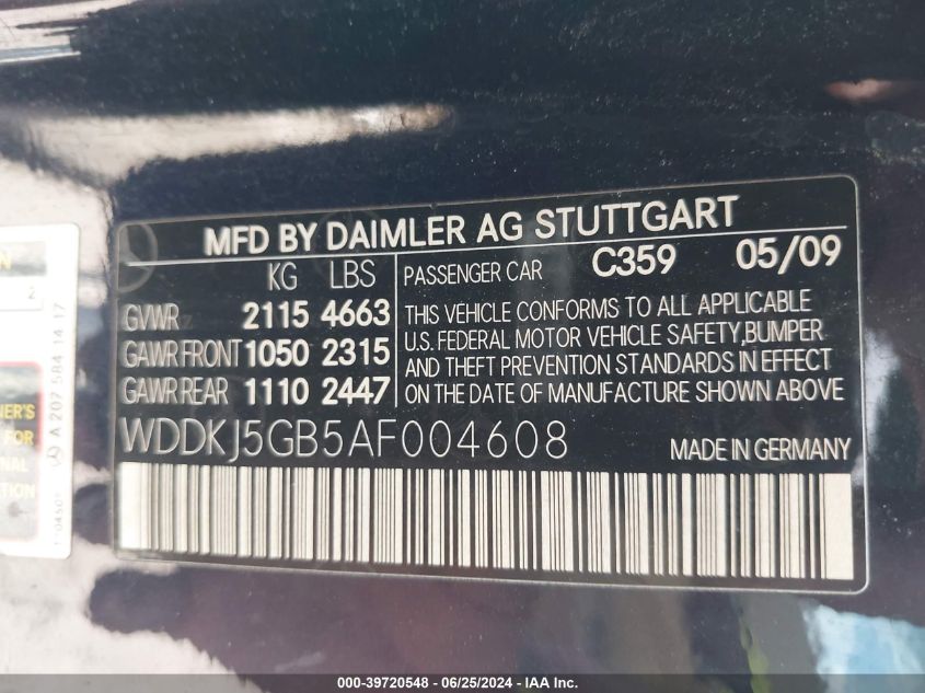 2010 Mercedes-Benz E 350 VIN: WDDKJ5GB5AF004608 Lot: 39720548