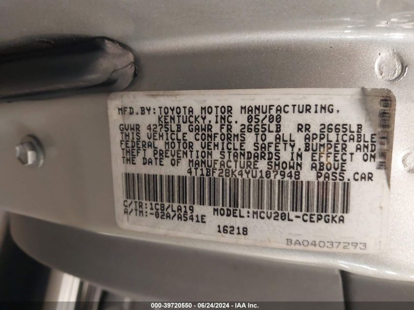 2000 Toyota Camry Xle V6 VIN: 4T1BF28K4YU107948 Lot: 39720550