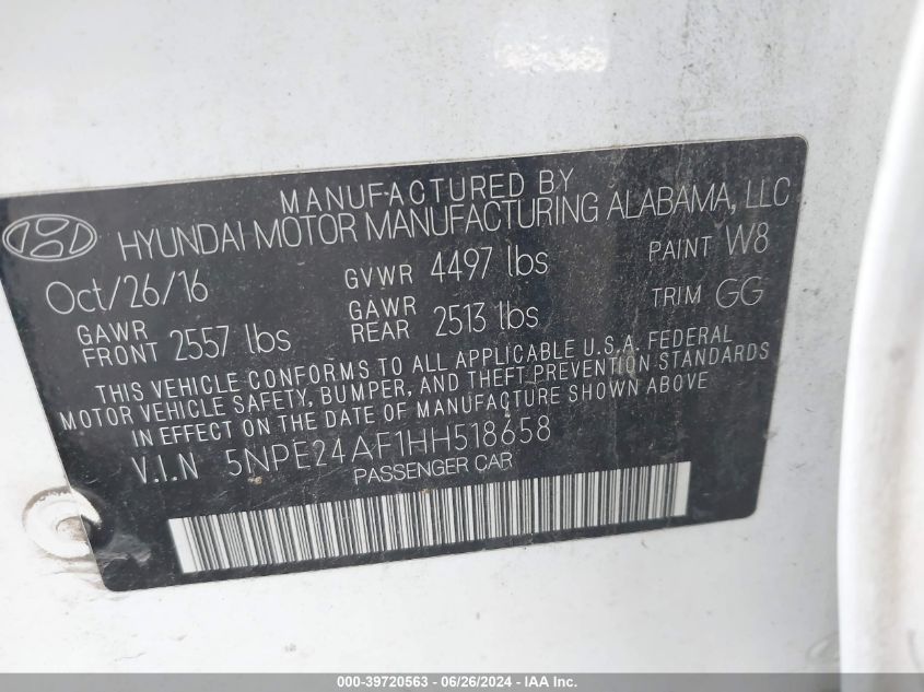 2017 Hyundai Sonata VIN: 5NPE24AF1HH518658 Lot: 39720563