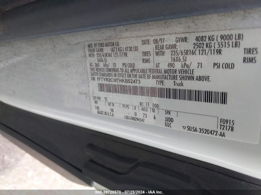 2017 Ford Transit-250 VIN: 1FTYR2CM7HKB52473 Lot: 39720570