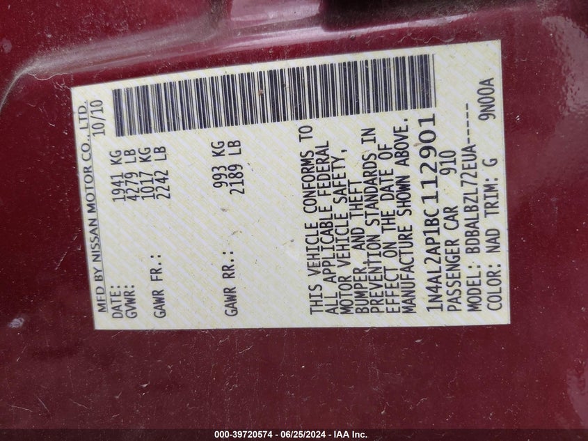 2011 Nissan Altima 2.5 S VIN: 1N4AL2AP1BC112901 Lot: 39720574