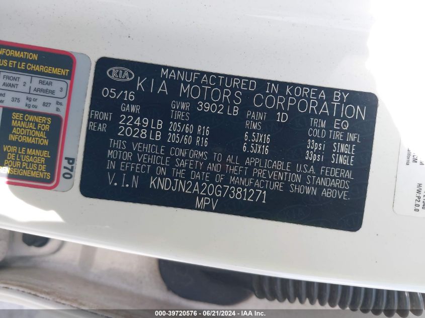 2016 Kia Soul VIN: KNDJN2A20G7381271 Lot: 39720576