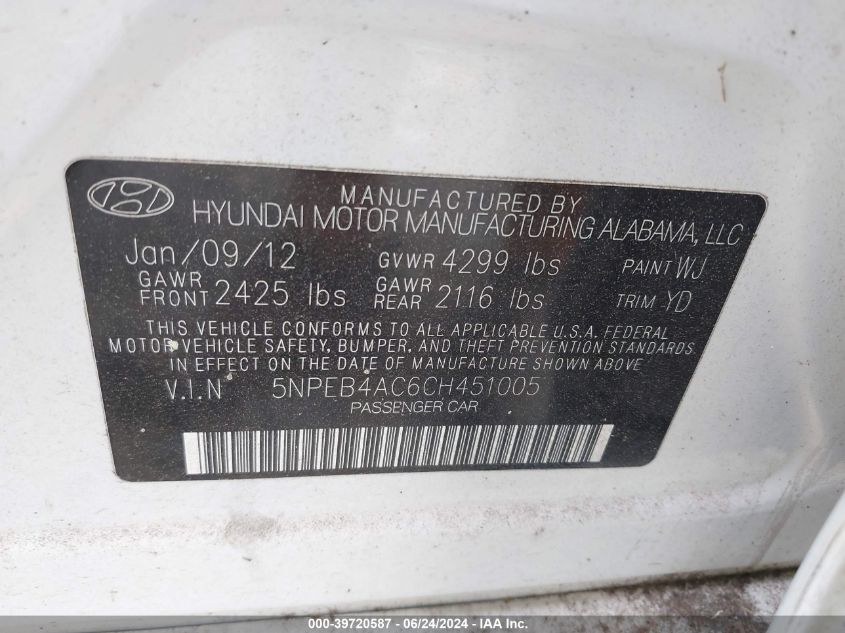 5NPEB4AC6CH451005 | 2012 HYUNDAI SONATA