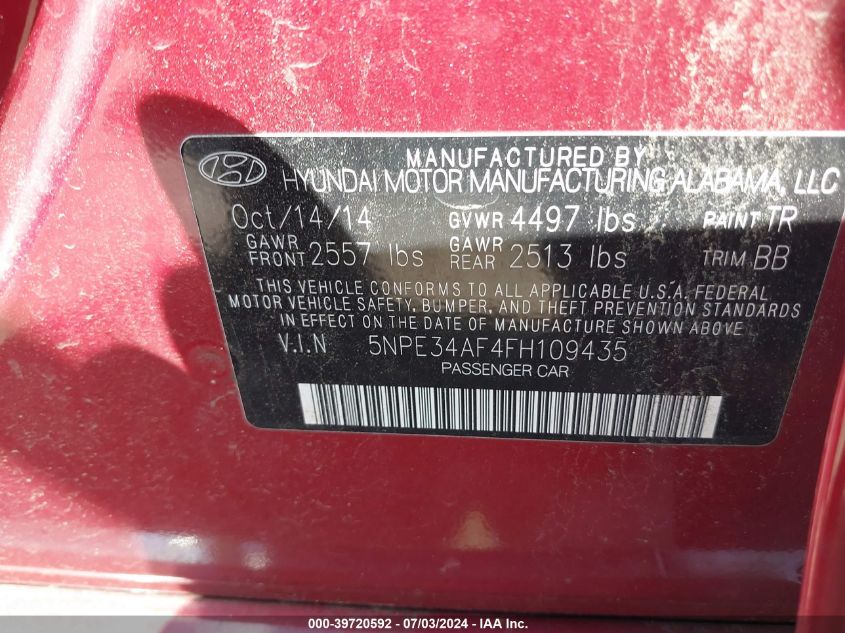 2015 Hyundai Sonata Sport VIN: 5NPE34AF4FH109435 Lot: 39720592