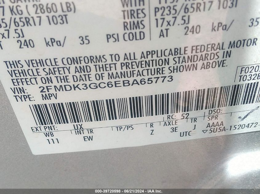 2014 Ford Edge Se VIN: 2FMDK3GC6EBA65773 Lot: 39720598