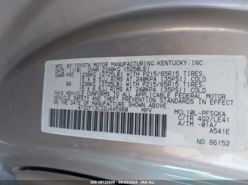 4T3ZF13C32U445980 2002 Toyota Sienna Xle