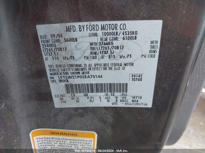 2005 Ford F-250 Lariat/Xl/Xlt VIN: 1FTSW21P05EA75144 Lot: 39720616