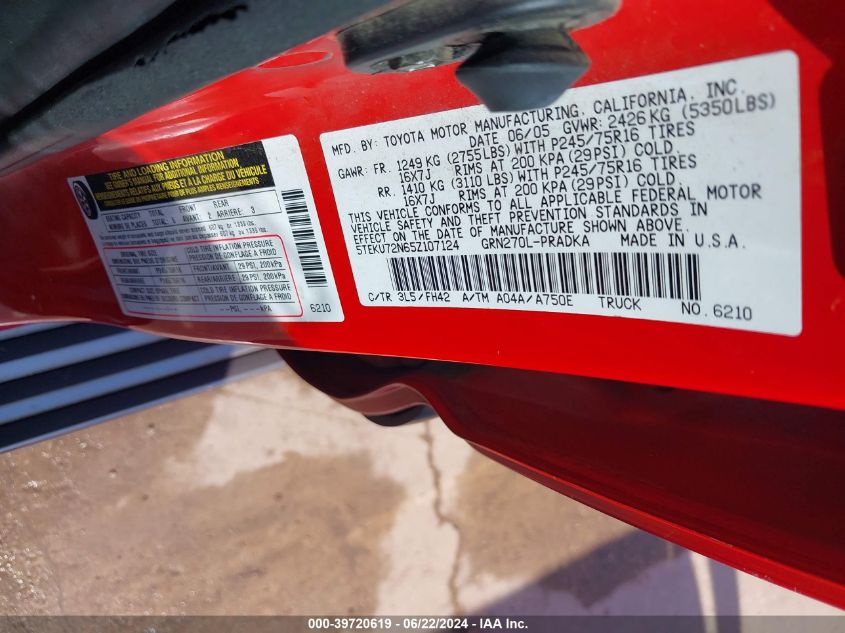 2005 Toyota Tacoma Prerunner V6 VIN: 5TEKU72N65Z107124 Lot: 39720619