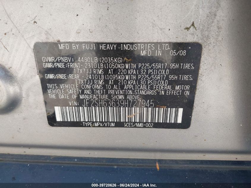 2009 Subaru Forester 2.5X VIN: JF2SH63639H727945 Lot: 39720626