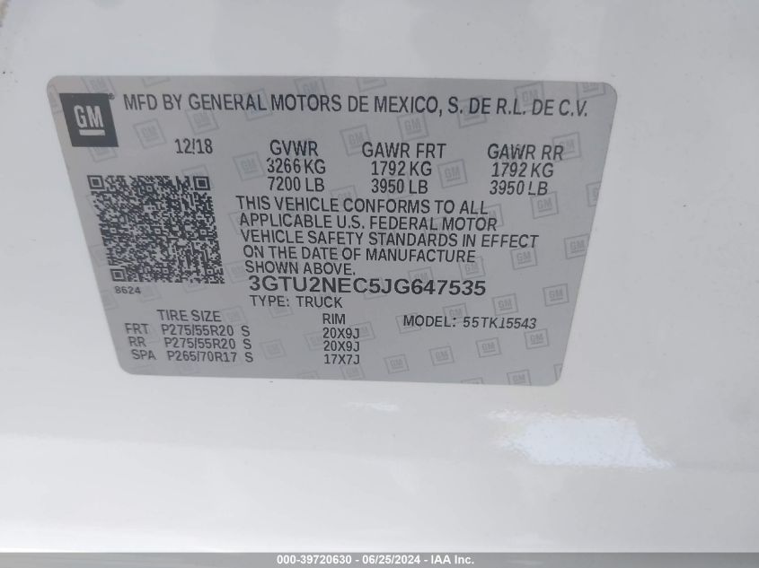 2018 GMC Sierra 1500 Slt VIN: 3GTU2NEC5JG647535 Lot: 39720630