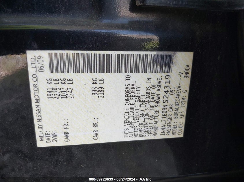 2009 Nissan Altima 2.5 S VIN: 1N4AL21E09N524319 Lot: 39720639