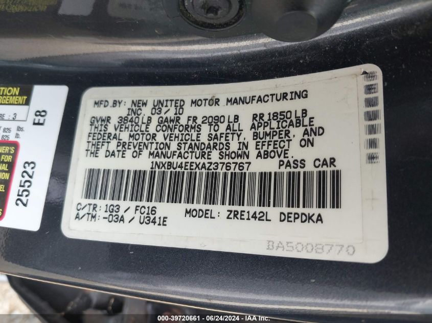 2010 Toyota Corolla Le VIN: 1NXBU4EEXAZ376767 Lot: 39720661