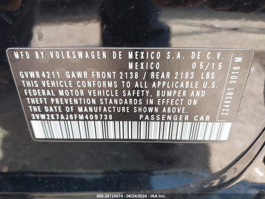 2015 VOLKSWAGEN JETTA 2.0L S - 3VW2K7AJ6FM409738