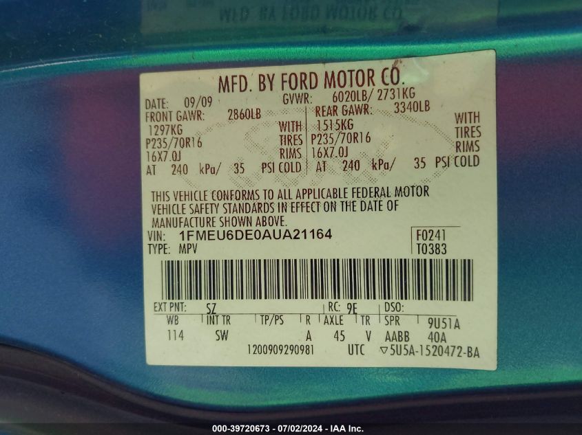 2010 Ford Explorer Xlt VIN: 1FMEU6DE0AUA21164 Lot: 39720673