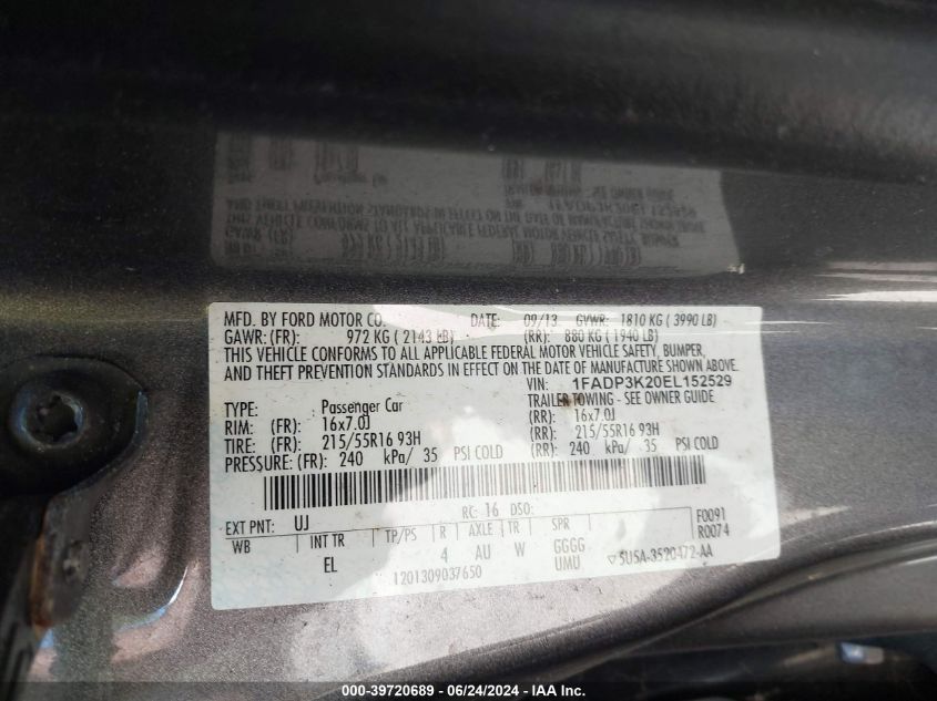 2014 Ford Focus Se VIN: 1FADP3K20EL152529 Lot: 39720689