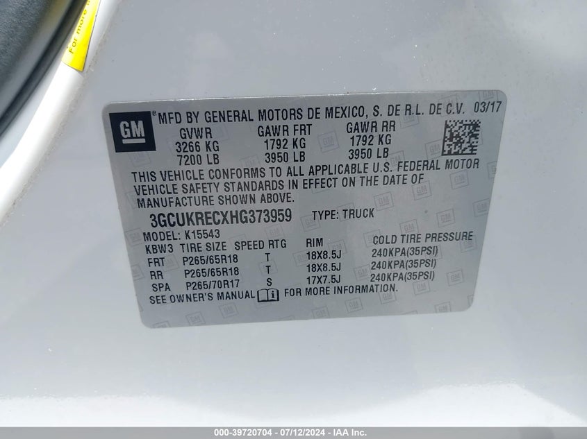 2017 Chevrolet Silverado 1500 2Lt VIN: 3GCUKRECXHG373959 Lot: 39720704