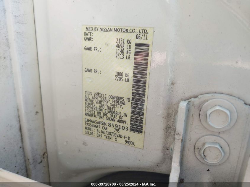 2011 Nissan Maxima 3.5 Sv VIN: 1N4AA5AP5BC859103 Lot: 39720708