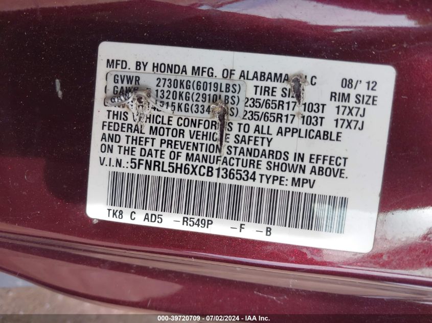 2012 Honda Odyssey Ex-L VIN: 5FNRL5H6XCB136534 Lot: 39720709