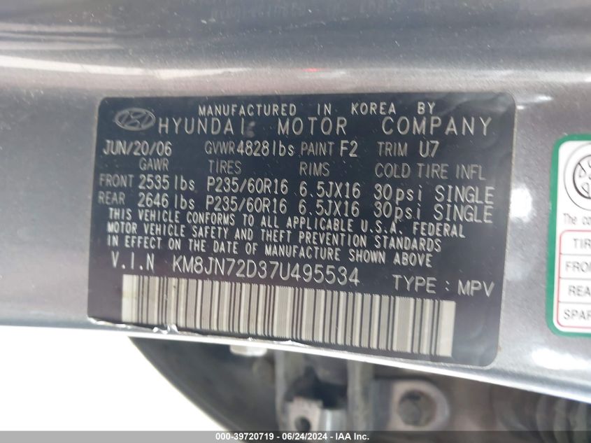 2007 Hyundai Tucson Limited/Se VIN: KM8JN72D37U495534 Lot: 39720719