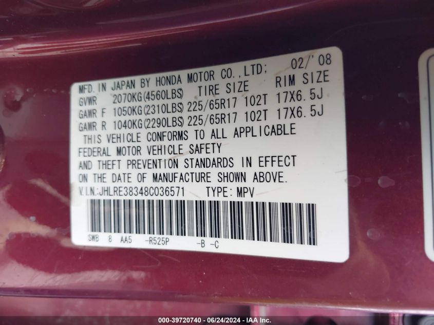 2008 Honda Cr-V Lx VIN: JHLRE38348C036571 Lot: 39720740
