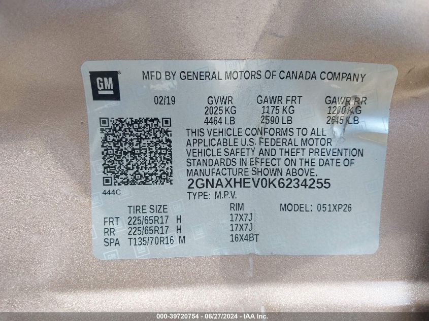 2019 Chevrolet Equinox Ls VIN: 2GNAXHEV0K6234255 Lot: 39720754