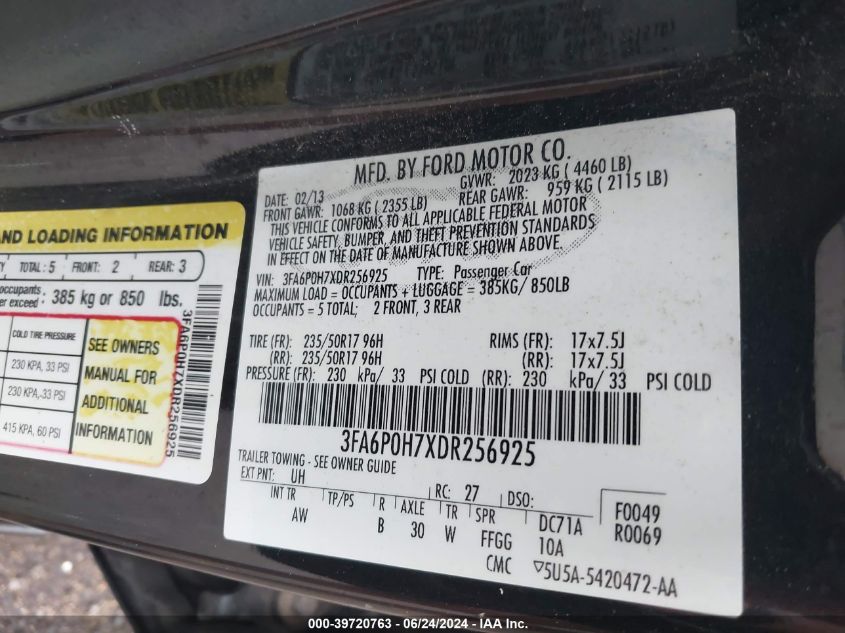 3FA6P0H7XDR256925 | 2013 FORD FUSION