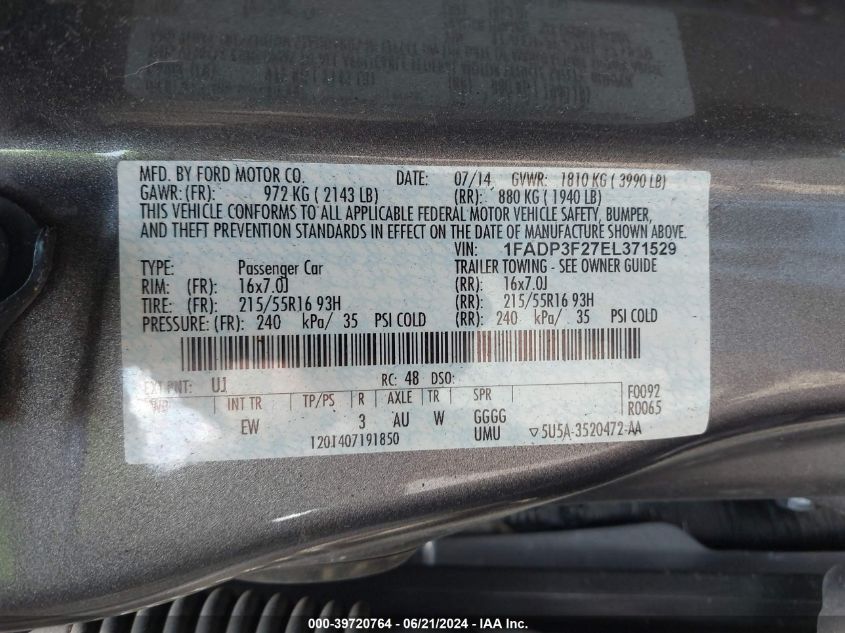 2014 Ford Focus Se VIN: 1FADP3F27EL371529 Lot: 39720764