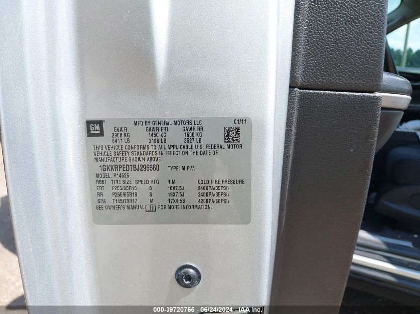 2011 GMC Acadia Sle VIN: 1GKKRPED7BJ296560 Lot: 39720765