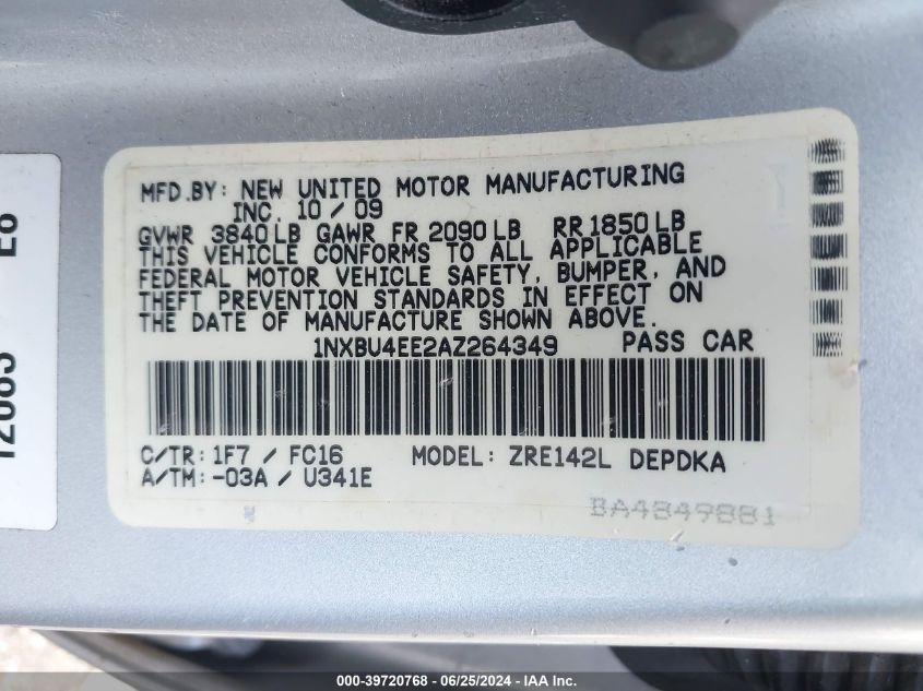 2010 Toyota Corolla Le VIN: 1NXBU4EE2AZ264349 Lot: 39720768