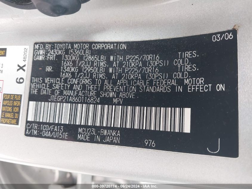 2006 Toyota Highlander V6 VIN: JTEGP21A860116824 Lot: 39720774