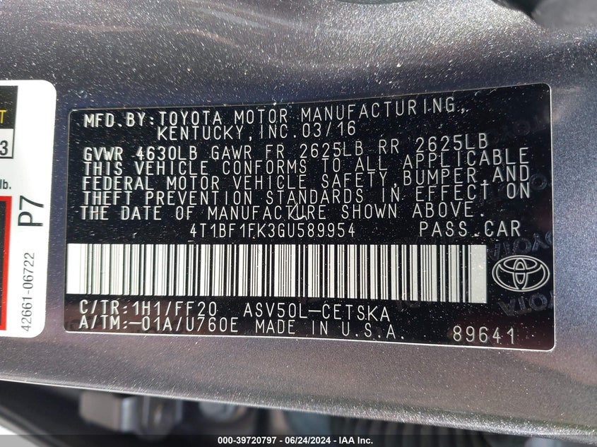 2016 Toyota Camry Se VIN: 4T1BF1FK3GU589954 Lot: 39720797