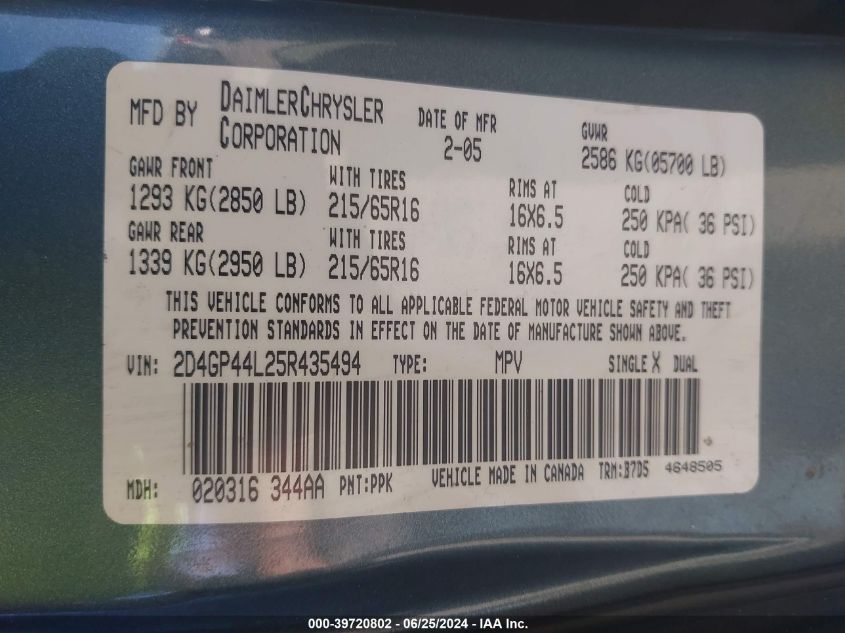 2005 Dodge Grand Caravan Sxt VIN: 2D4GP44L25R435494 Lot: 39720802