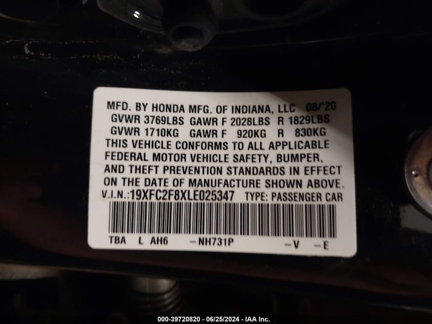 2020 Honda Civic Sport VIN: 19XFC2F8XLE025347 Lot: 39720820