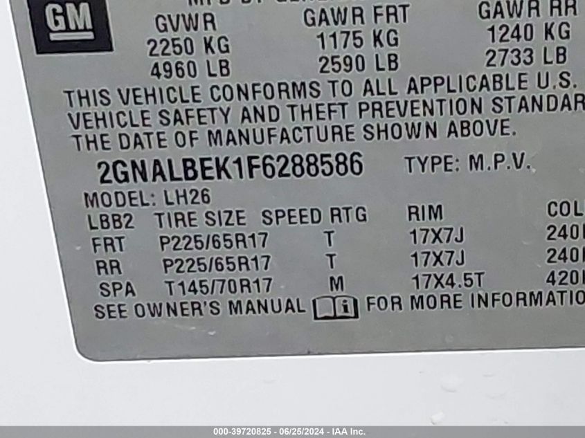 2015 Chevrolet Equinox 1Lt VIN: 2GNALBEK1F6288586 Lot: 39720825