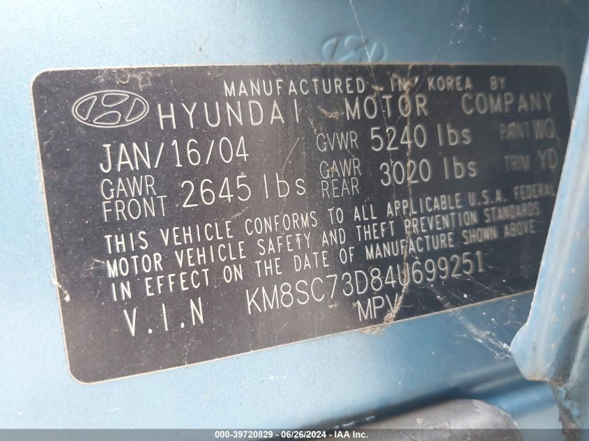 2004 Hyundai Santa Fe Gls/Lx VIN: KM8SC73D84U699251 Lot: 39720829
