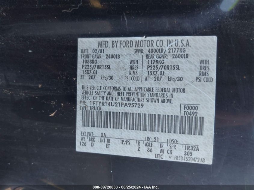 2001 Ford Ranger Edge/Xl/Xlt VIN: 1FTYR14U21PA95729 Lot: 39720833