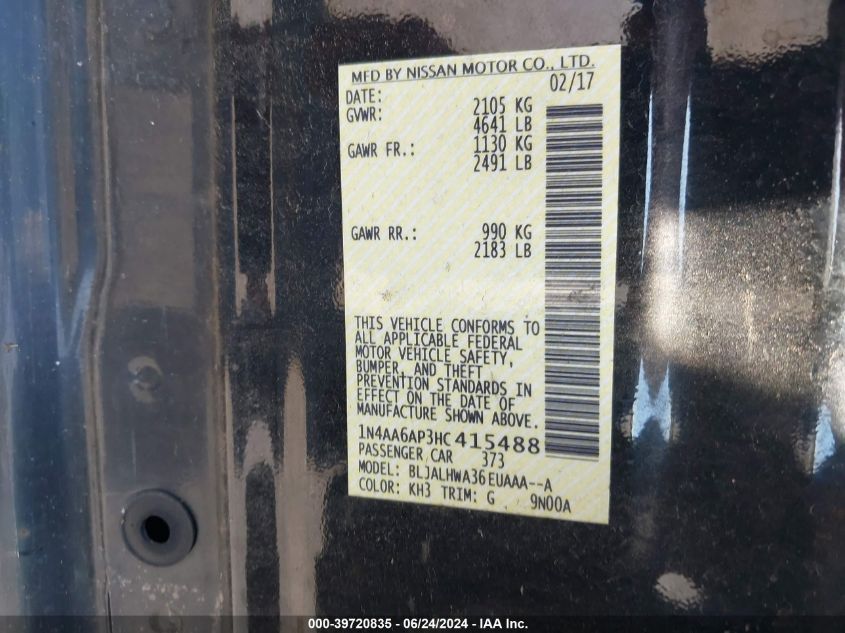 2017 Nissan Maxima 3.5 Platinum VIN: 1N4AA6AP3HC415488 Lot: 39720835