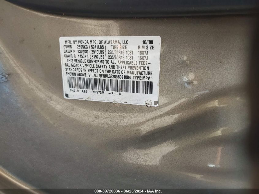 2009 Honda Odyssey Lx VIN: 5FNRL38289B021084 Lot: 39720836