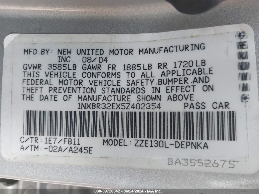 2005 Toyota Corolla Le VIN: 1NXBR32EX5Z402354 Lot: 39720842