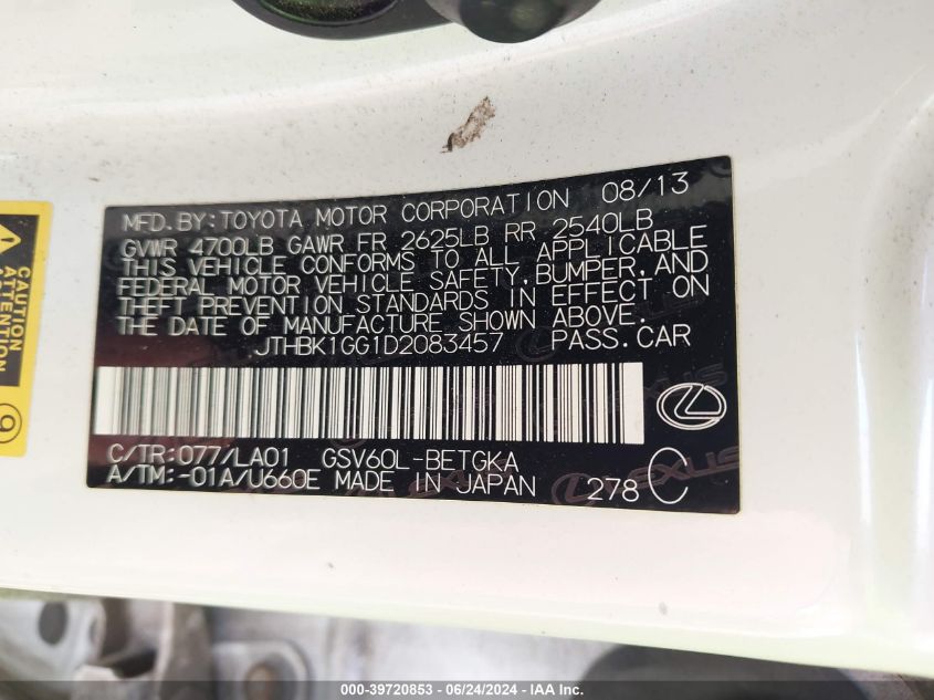 2013 Lexus Es 350 VIN: JTHBK1GG1D2083457 Lot: 39720853