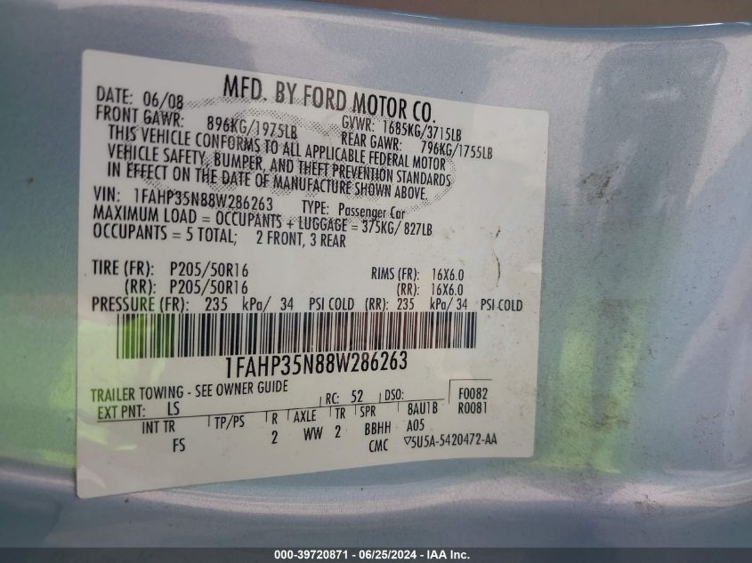 2008 Ford Focus Se/Ses VIN: 1FAHP35N88W286263 Lot: 39720871