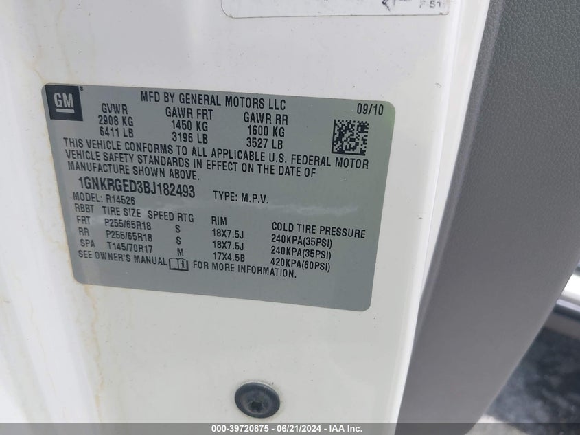 2011 Chevrolet Traverse 1Lt VIN: 1GNKRGED3BJ182493 Lot: 39720875