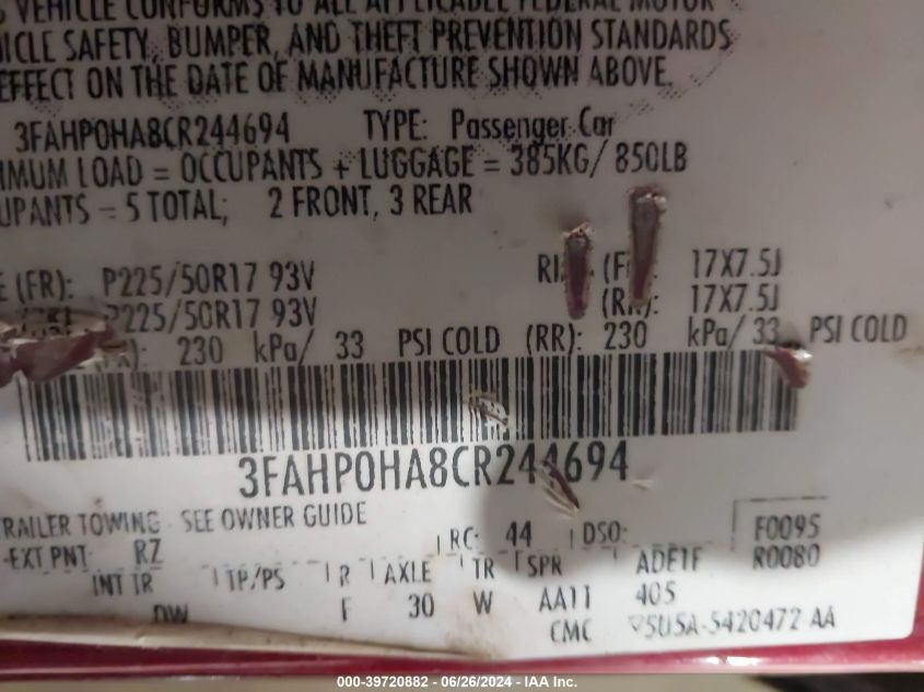 2012 Ford Fusion Se VIN: 3FAHP0HA8CR244694 Lot: 39720882