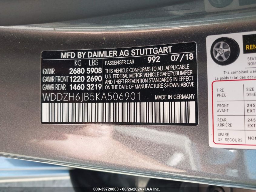 2019 Mercedes-Benz E 450 4Matic VIN: WDDZH6JB5KA506901 Lot: 39720883