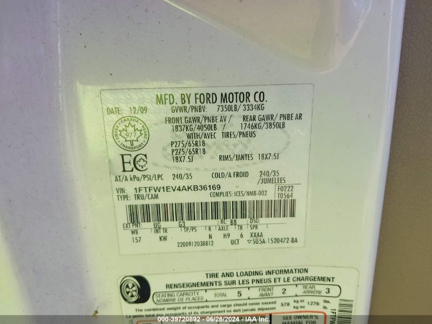 2010 Ford F-150 Fx4/Harley-Davidson/King Ranch/Lariat/Platinum/Xl/Xlt VIN: 1FTFW1EV4AKB36169 Lot: 39720892