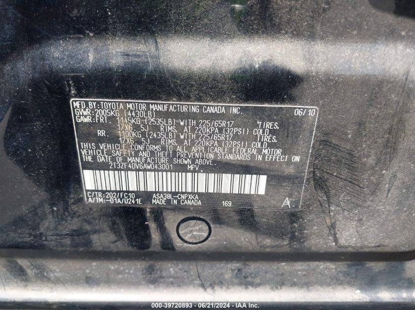 2010 Toyota Rav4 VIN: 2T3ZF4DV6AW043001 Lot: 39720893