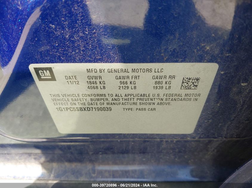 2013 Chevrolet Cruze 1Lt Auto VIN: 1G1PC5SBXD7190039 Lot: 39720896