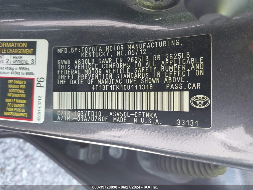 2012 Toyota Camry Le VIN: 4T1BF1FK1CU111316 Lot: 39720898