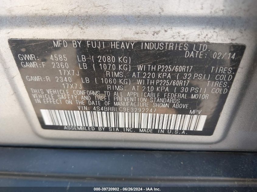 2014 Subaru Outback 2.5I Limited VIN: 4S4BRBLC9E3292247 Lot: 39720902