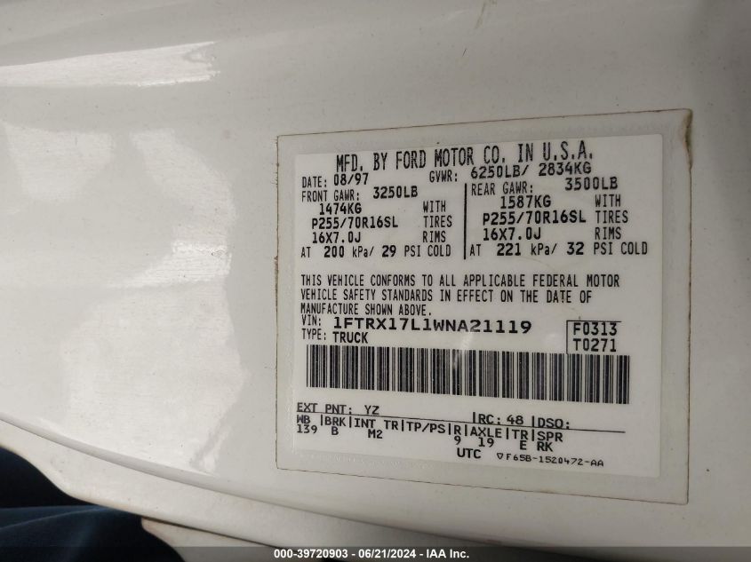 1998 Ford F-150 Lariat/Xl/Xlt VIN: 1FTRX17L1WNA21119 Lot: 39720903